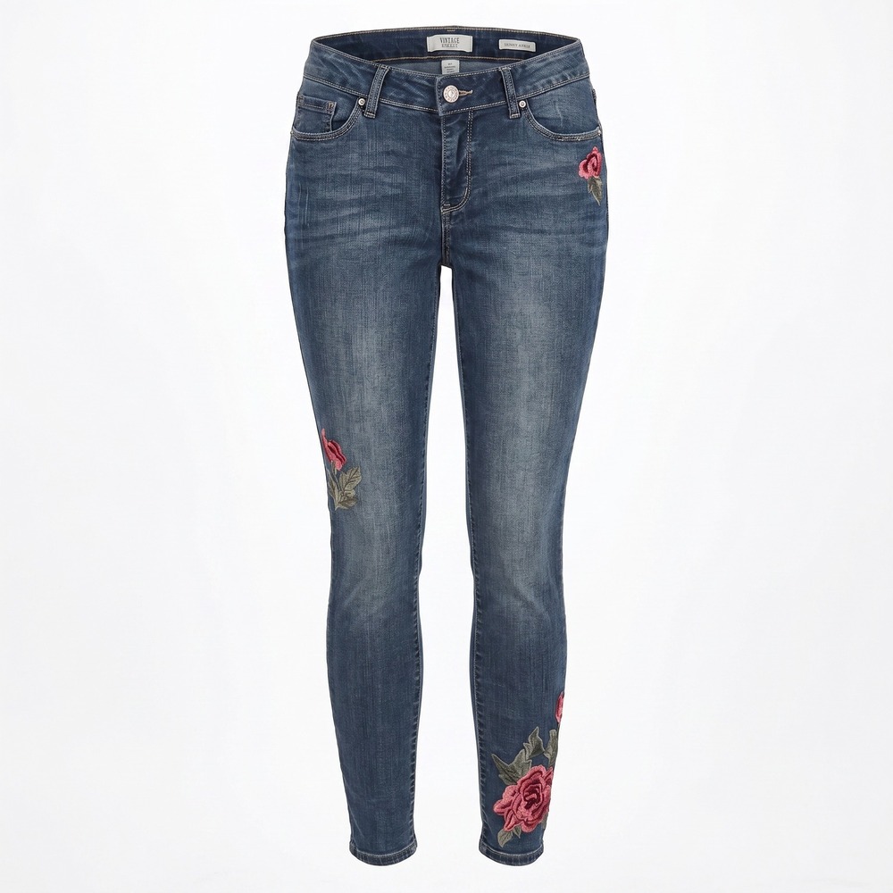 Vintage America Blues Women's Medium Wash Embroidered Boho Skinny Jeans 8R Rose